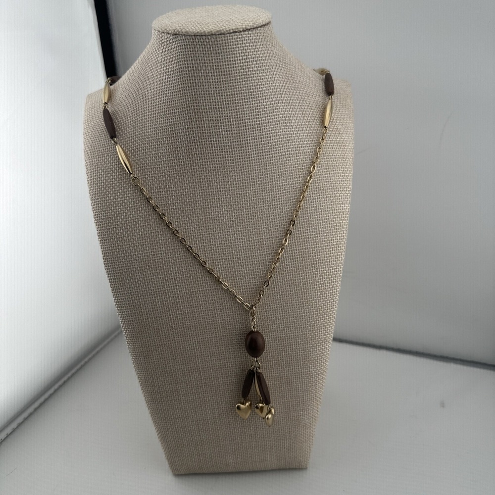 Vtg Sarah Coventry 70s Gold Tone & Brown Bead Limbo‎ Hearts Necklace 30" Dangle